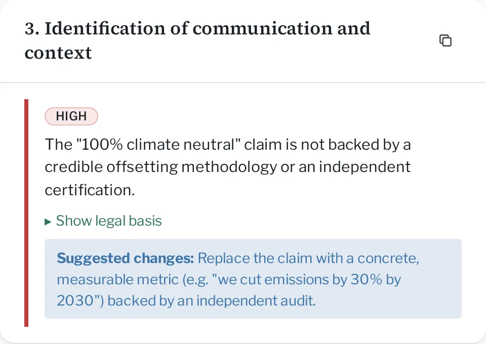 Screenshot of a Vardic audit finding: the "100% climate neutral" claim flagged as high risk, with the legal basis and a suggested rewrite.