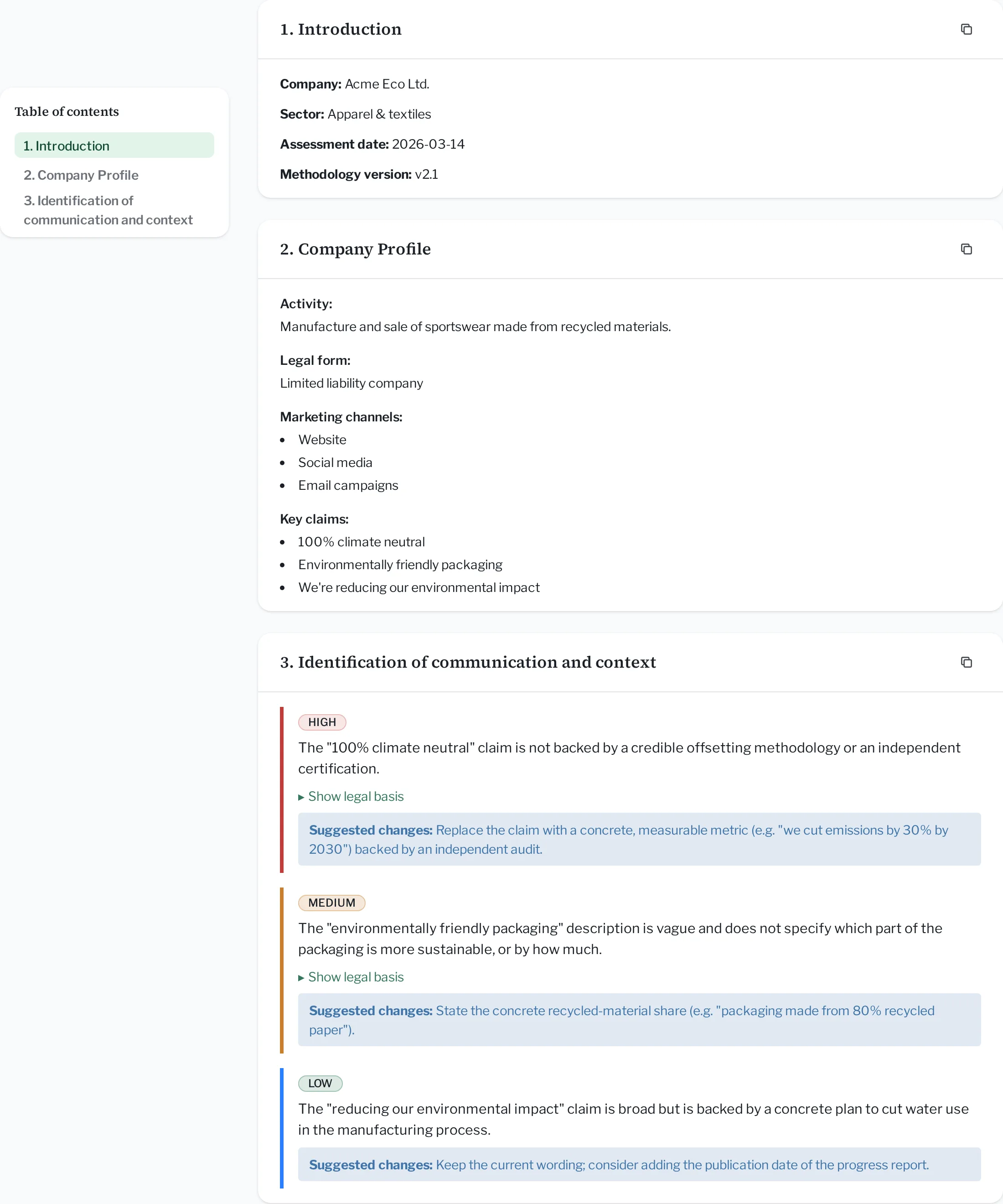 Sample Vardic audit report listing marketing claims rated high, medium, and low risk, each with its legal basis and a suggested rewrite.