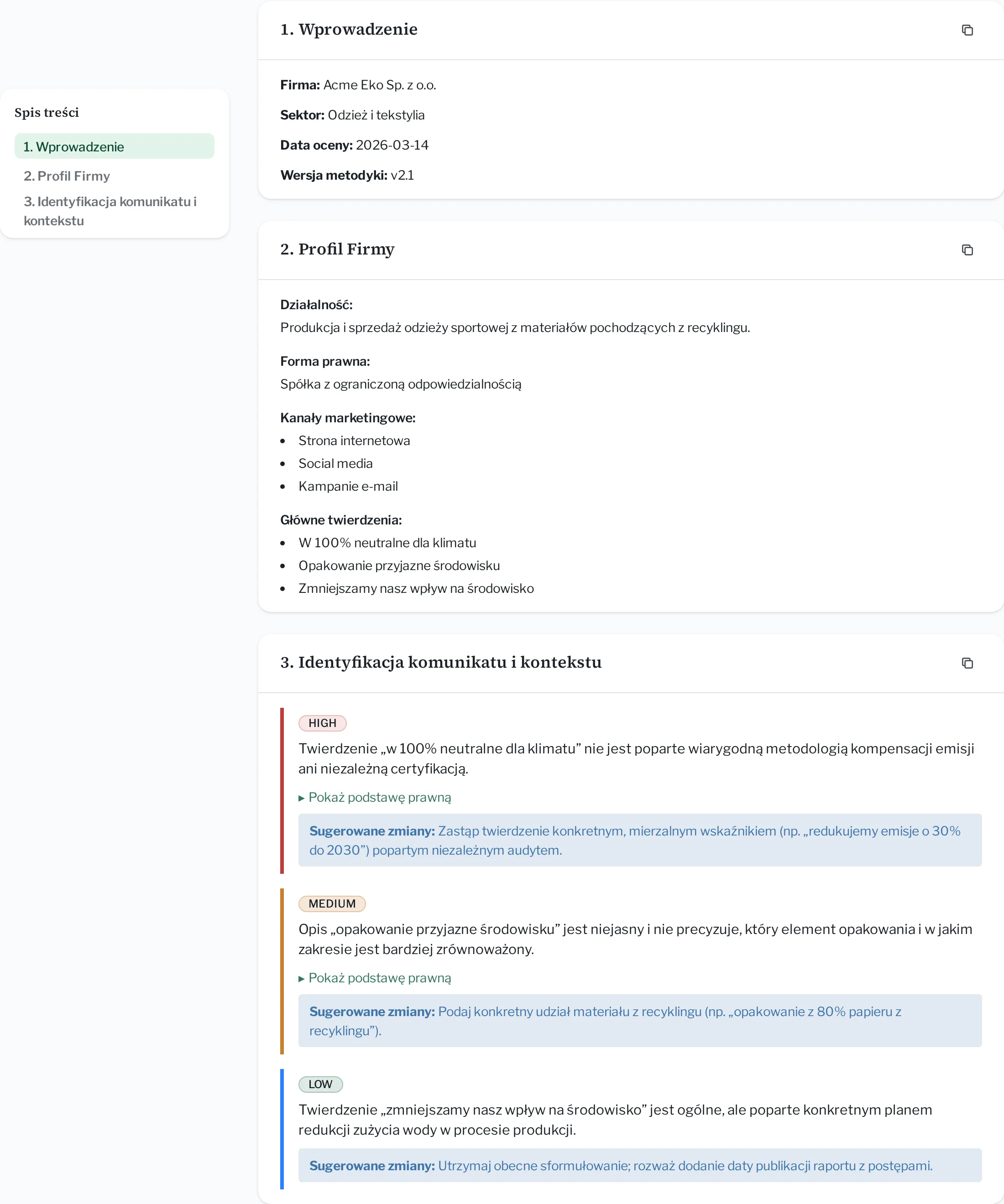 Przykładowy raport audytu Vardic z listą twierdzeń marketingowych ocenionych jako ryzyko wysokie, średnie i niskie, wraz z podstawą prawną i sugerowanymi poprawkami.